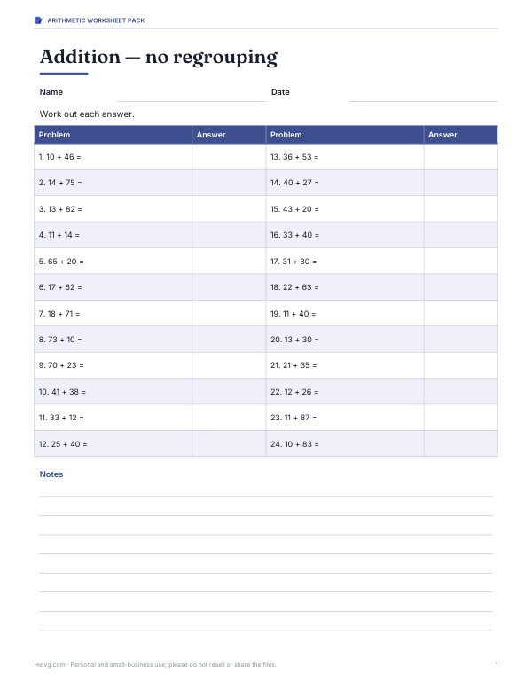 Preview of Printable Addition No Regrouping Worksheet