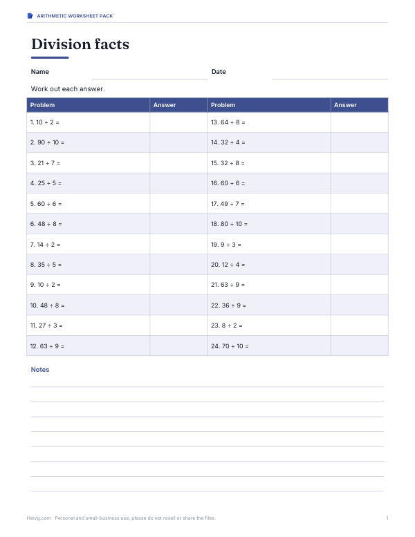 Preview of Printable Division Facts Worksheet