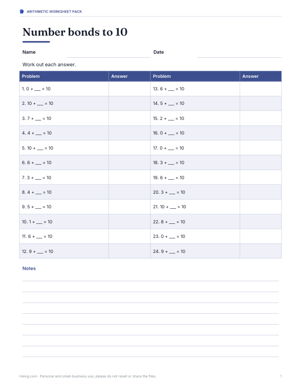 Preview of Number Bonds to 10 Worksheet