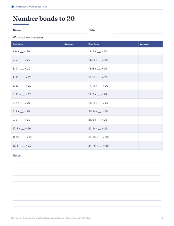 Preview of Printable Number Bonds to 20 Worksheet