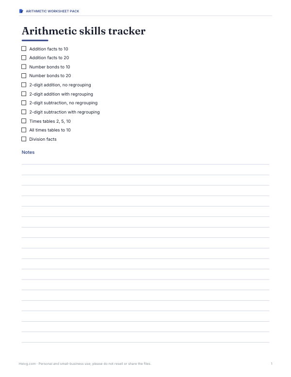 Preview of Printable Arithmetic Skills Tracker