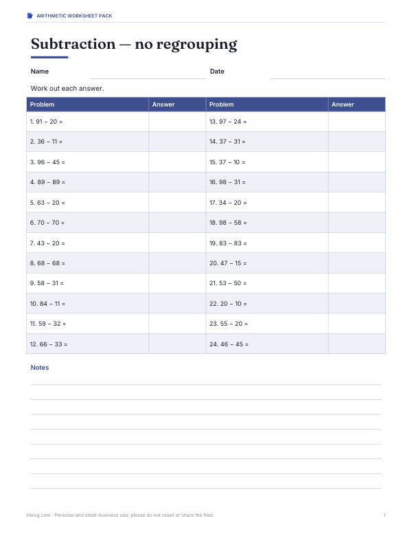 Preview of Printable Subtraction No Regrouping Worksheet