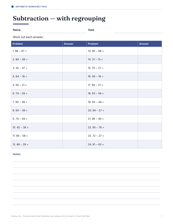 Preview of Printable Subtraction With Regrouping Worksheet