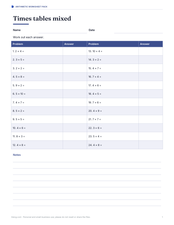 Preview of Printable Mixed Times Tables Worksheet